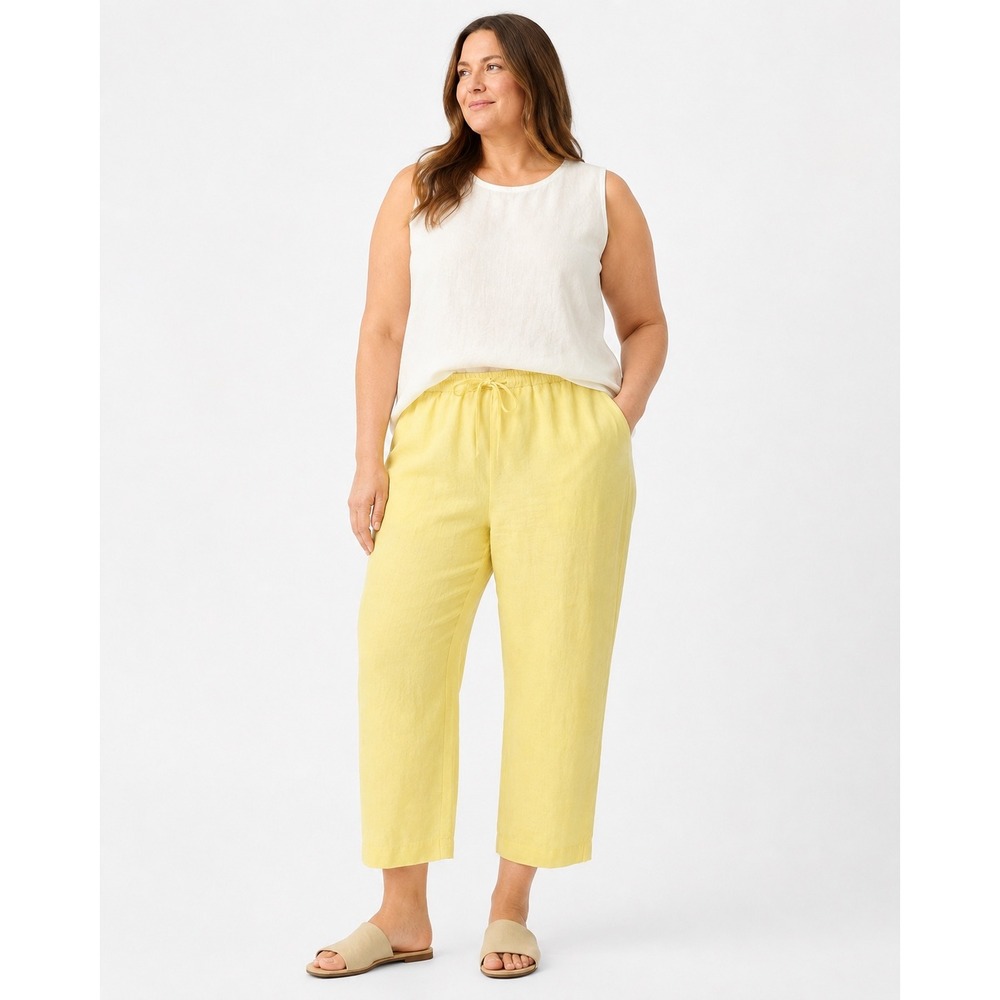 Eileen Fisher L Irish Linen Yellow Cropped Relaxed Straight Leg Drawstring Pants
